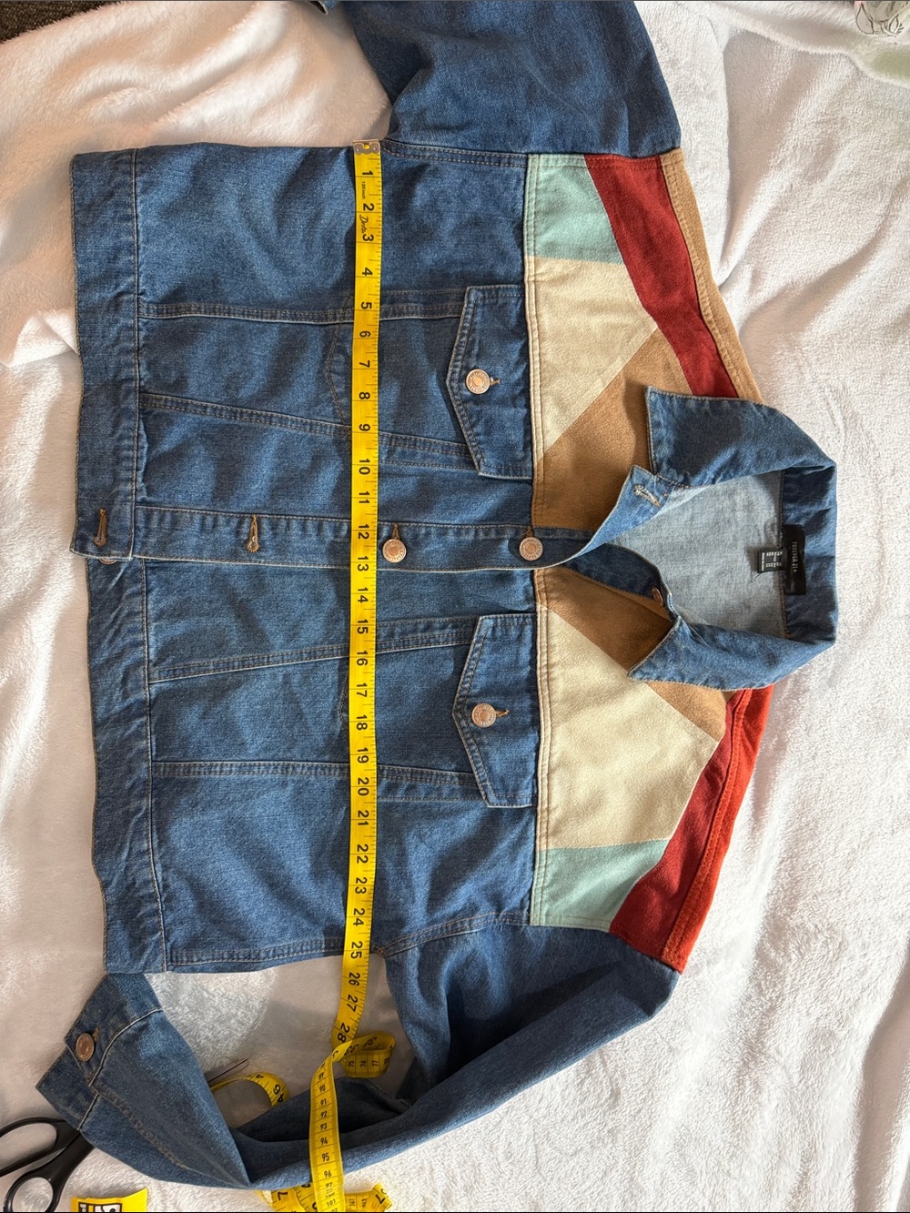 Forever 21 Blue Denim Colorblock Jacket with Red, Tan & Cream  2397 Panels - Picture 3 of 4